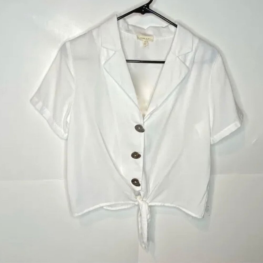 ModCloth Gilli white tie front blouse boho career chic S NWOT flowy big buttons